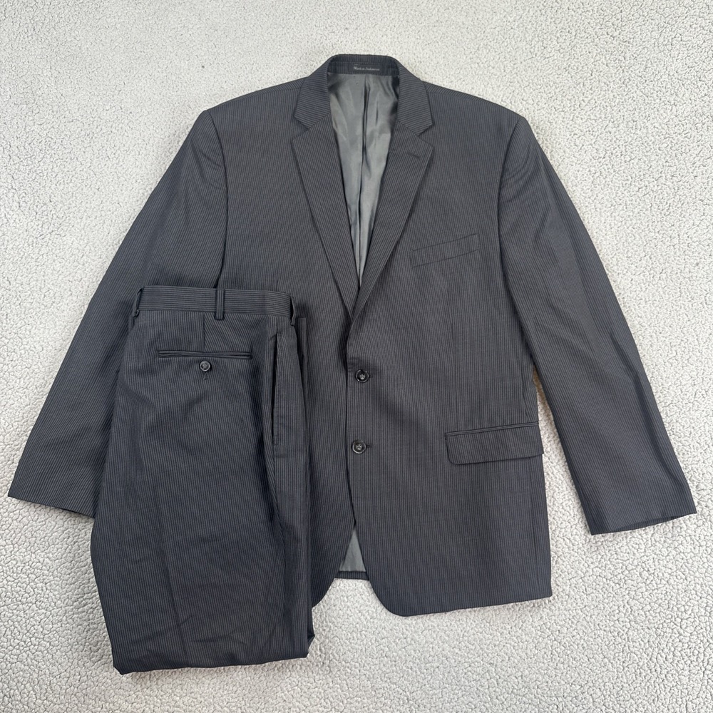Calvin Klein Wool Pinstripe Suit 43R 36R Pants Black Double Vented Jacket Blazer